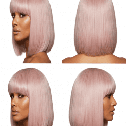 Pink Rose Bob Wig with Bangs – 100% Human Hair Blunt Cut