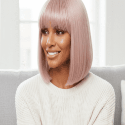 Pink Rose Bob Wig with Bangs – 100% Human Hair Blunt Cut