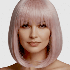Pink Rose Bob Wig with Bangs – 100% Human Hair Blunt Cut