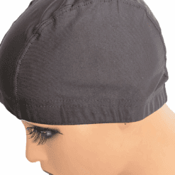 Close-up of a black Spandex Dome Cap being worn on a mannequin head. The cap is smooth with distinct vertical stitching lines to show the secure, snug fit.