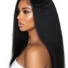 African female model wearing 9x6 Glueless HD kinky straight Drawstring wig on mannequin