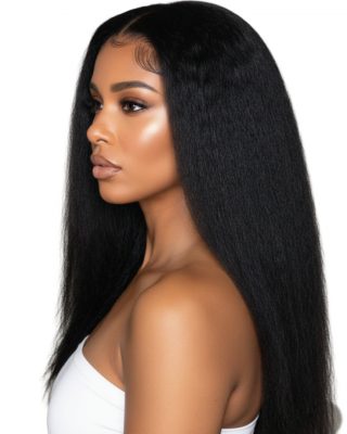 African female model wearing 9x6 Glueless HD kinky straight Drawstring wig on mannequin