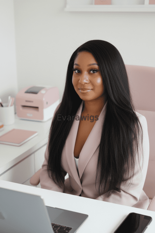 Professional portrait at a white desk of a woman in a blush blazer wearing an Evara Wigs straight HD lace wig in a pink home office, laptop and phone on the table