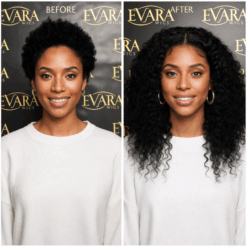 Before and after comparison showing Black woman with natural short afro hair on left, wearing 24 inch Burmese curly wig with long spiral curls on right, both photos against Evara Wigs branded backdrop