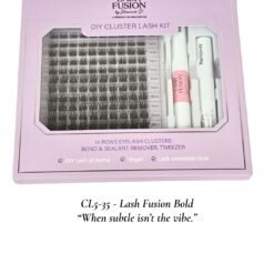 Lash Fusion CL5-35 Bold DIY Cluster Lash Kit in lavender packaging, 14 rows of full volume lash clusters with 2-in-1 bond, remover, and tweezer.
