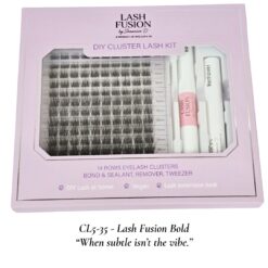 Lash Fusion CL5-35 Bold DIY Cluster Lash Kit in lavender packaging, 14 rows of full volume lash clusters with 2-in-1 bond, remover, and tweezer.