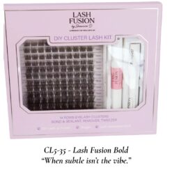 Lash Fusion CL5-35 Bold DIY Cluster Lash Kit in lavender packaging, 14 rows of full volume lash clusters with 2-in-1 bond, remover, and tweezer.