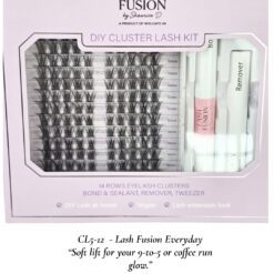 Lash Fusion CL5-12 DIY Cluster Lash Kit – 14 rows of natural-looking cluster lashes with bond, sealant, remover, and tweezer in lavender packaging.