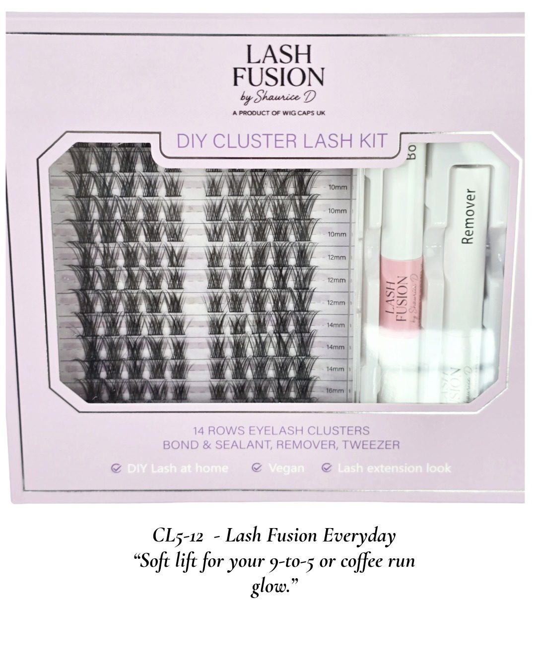 Lash Fusion CL5-12 DIY Cluster Lash Kit – 14 rows of natural-looking cluster lashes with bond, sealant, remover, and tweezer in lavender packaging.