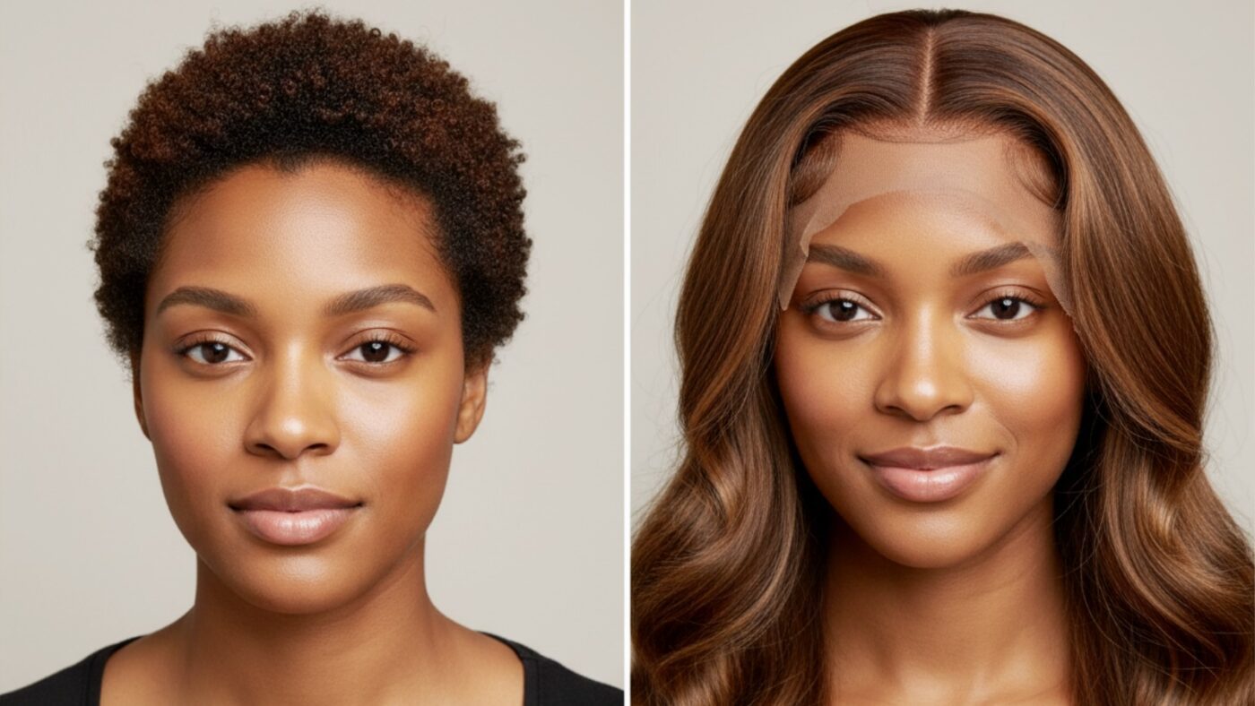 how-to-wear-a-wig Side-by-side of a woman before and after wearing a lace front wig