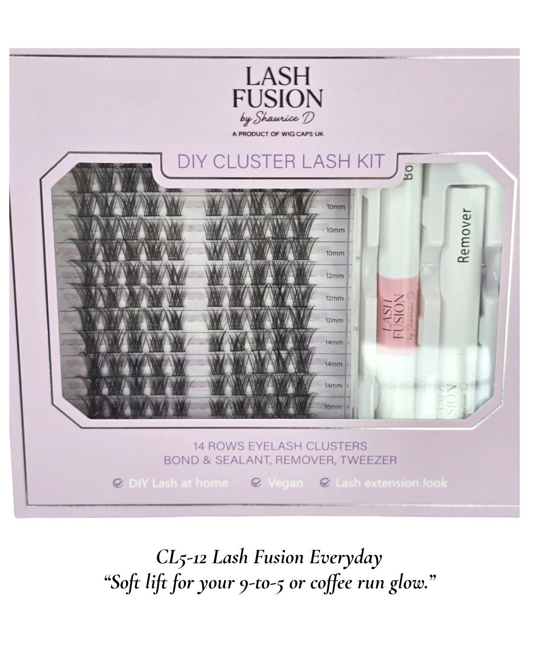 Lash Fusion CL5-12 DIY Cluster Lash Kit – 14 rows of natural-looking cluster lashes with bond, sealant, remover, and tweezer in lavender packaging.