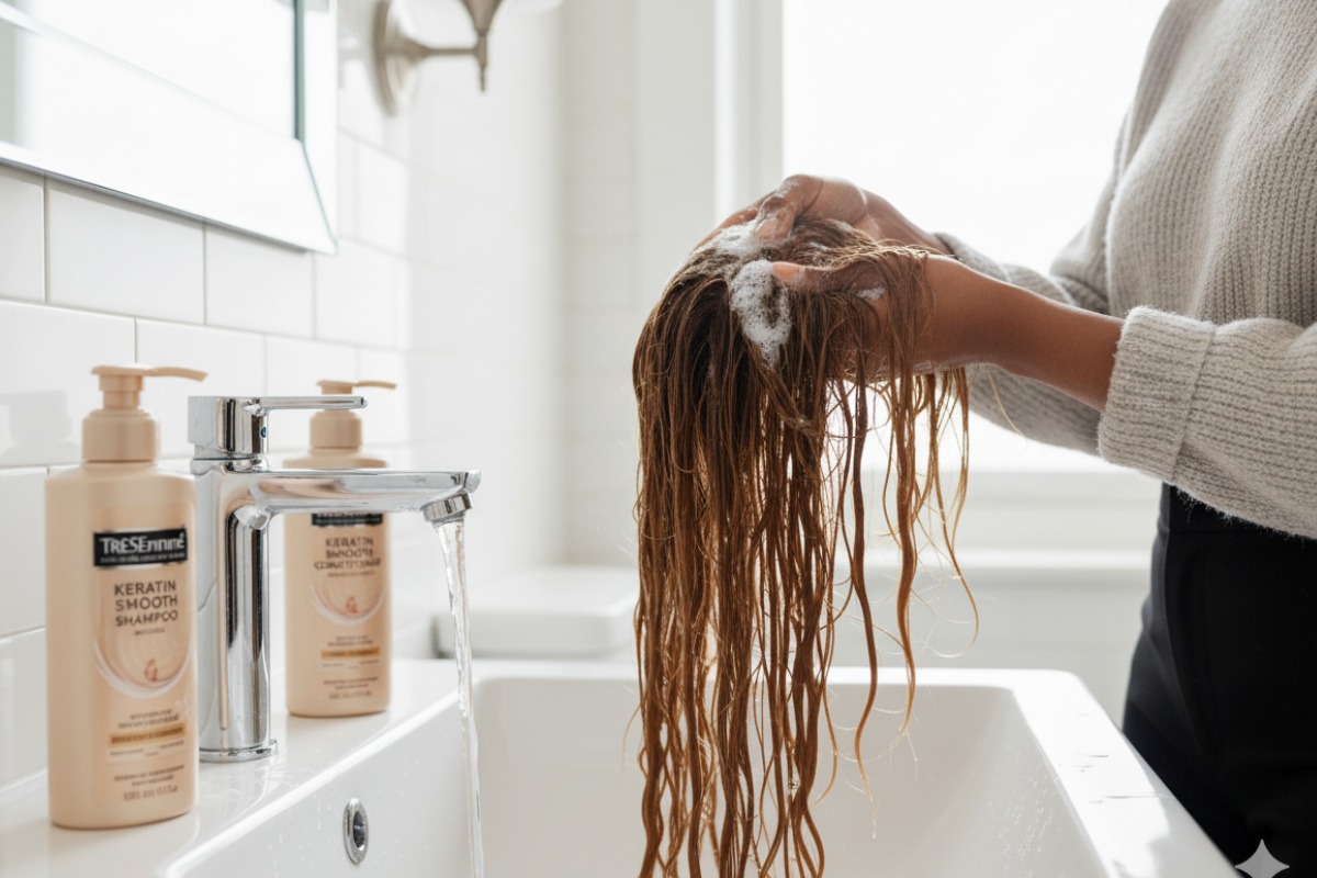 Wig being gently washed in a sink with sulfate-free shampoo