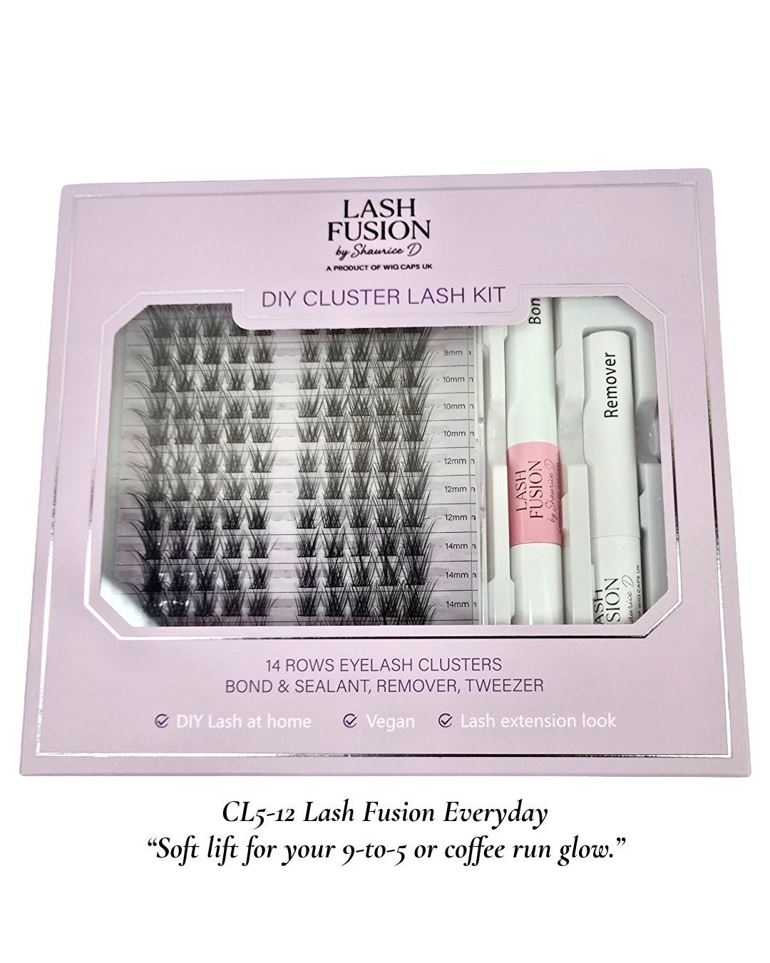 Lash Fusion CL5-12 DIY Cluster Lash Kit – 14 rows of natural-looking cluster lashes with bond, sealant, remover, and tweezer in lavender packaging.