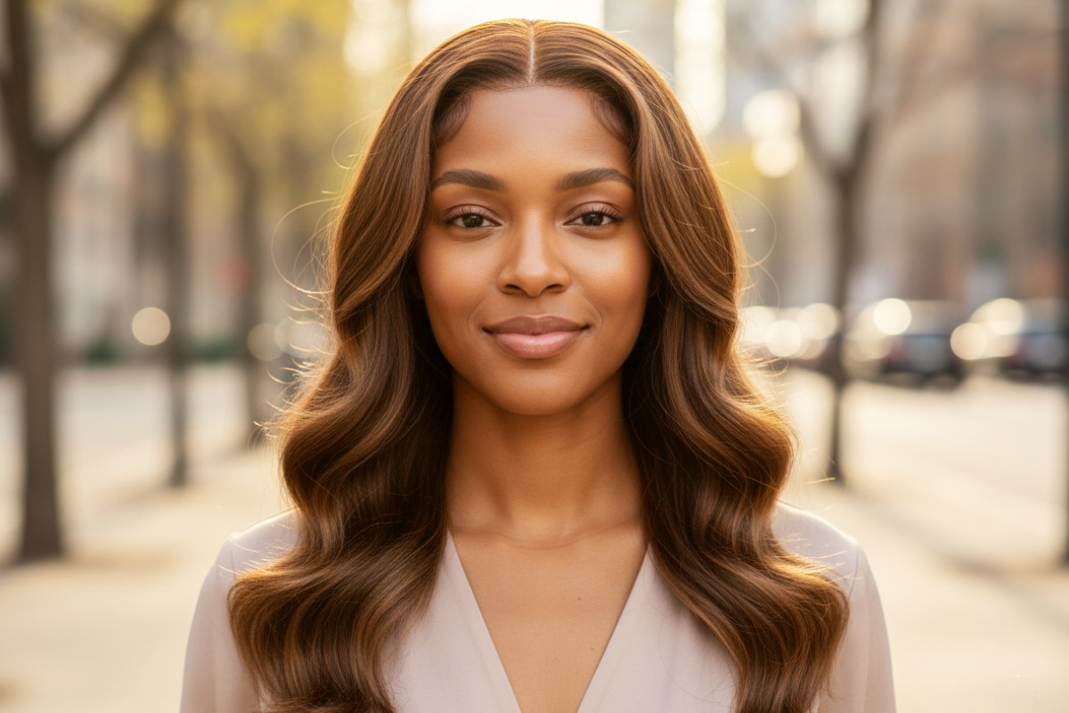 Smiling woman in a lace front wig walking outdoors in natural light