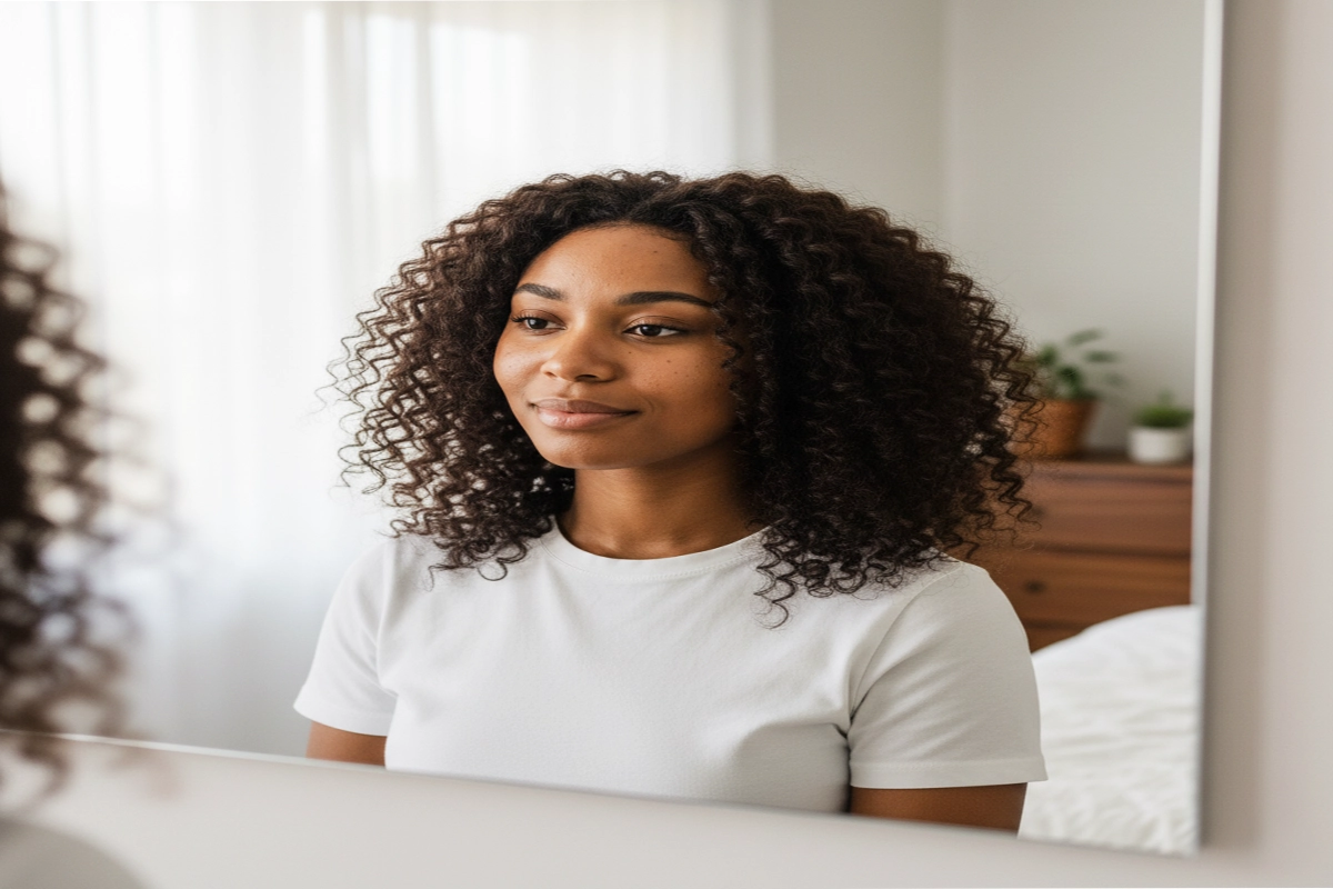 Black woman with natural curls looking in the mirror after applying a wig, showing healthy hair care results under protective styling