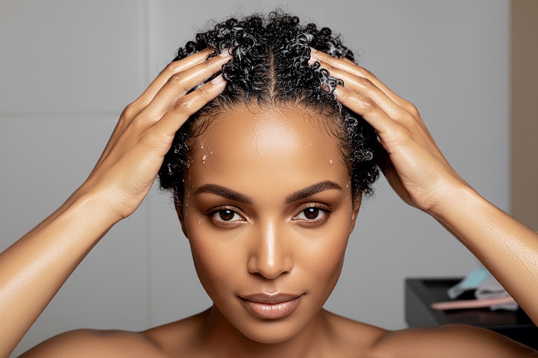 Best Natural Hair Care Under Wigs. Black woman massaging scalp with natural curly hair for healthy hair growth and circulation