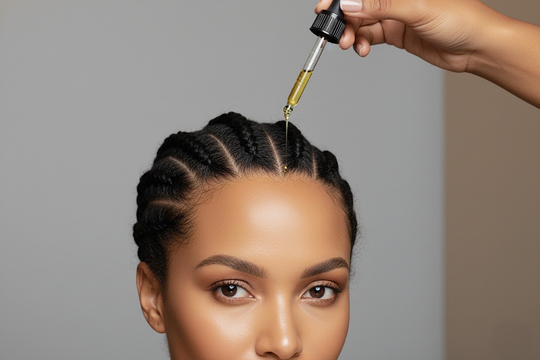 Best Natural Hair Care Under Wigs. Woman applying scalp oil treatment to cornrow braids for healthy natural hair care under wigs