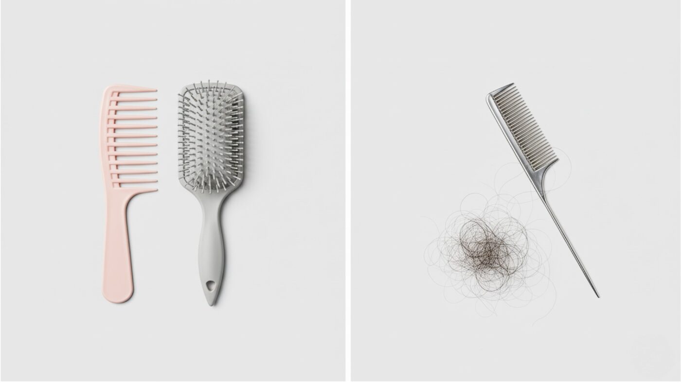 Split image of wide tooth comb and detangling brush and other side is the image of fine comb