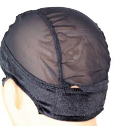 Velvet wig grip cap on mannequin head showing adjustable band and lace front, colour Black