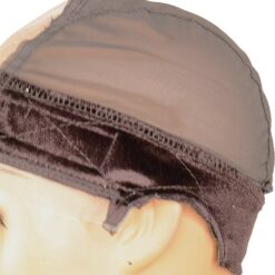 Velvet wig grip cap on mannequin head showing adjustable band and lace front, colour Brown