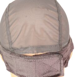 Velvet wig grip cap on mannequin head showing adjustable band and lace front colour Brown