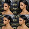 Evara Ama four split screen images of high bun, low bun, c-part loose