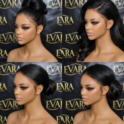 Evara Ama four split screen images of high bun, low bun, c-part loose