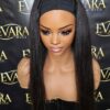 Front view of 22 inch U-part wig in straight texture, 100% human hair, sleek on mannequin head, natural black (1B)