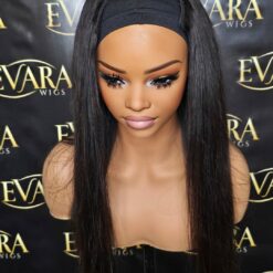 Front view of 22 inch U-part wig in straight texture, 100% human hair, sleek on mannequin head, natural black (1B)