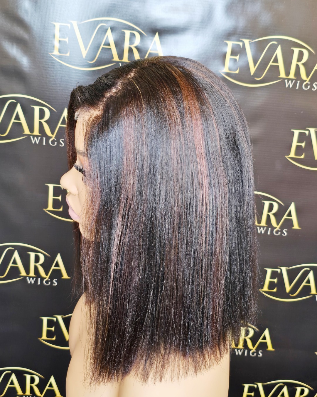 Evara 'Esi' 12” HD 5x5 Lace Wig Side view of 12 inch yaki straight bob wig showing blunt bob shape and natural density