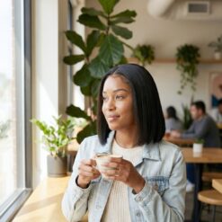 Evara 'Esi' 12” HD 5x5 Lace Wig Lifestyle image of model wearing 12 inch yaki straight bob wig with HD 5x5 lace and pre-plucked hairline