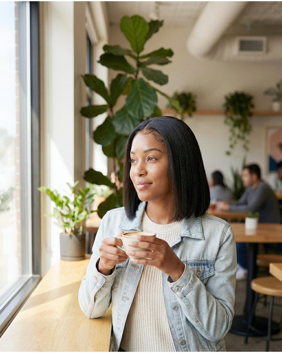 Evara 'Esi' 12” HD 5x5 Lace Wig Lifestyle image of model wearing 12 inch yaki straight bob wig with HD 5x5 lace and pre-plucked hairline
