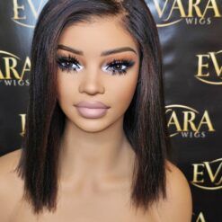 Front view of 12 inch yaki straight bob wig with HD 5x5 lace and pre-plucked hairline
