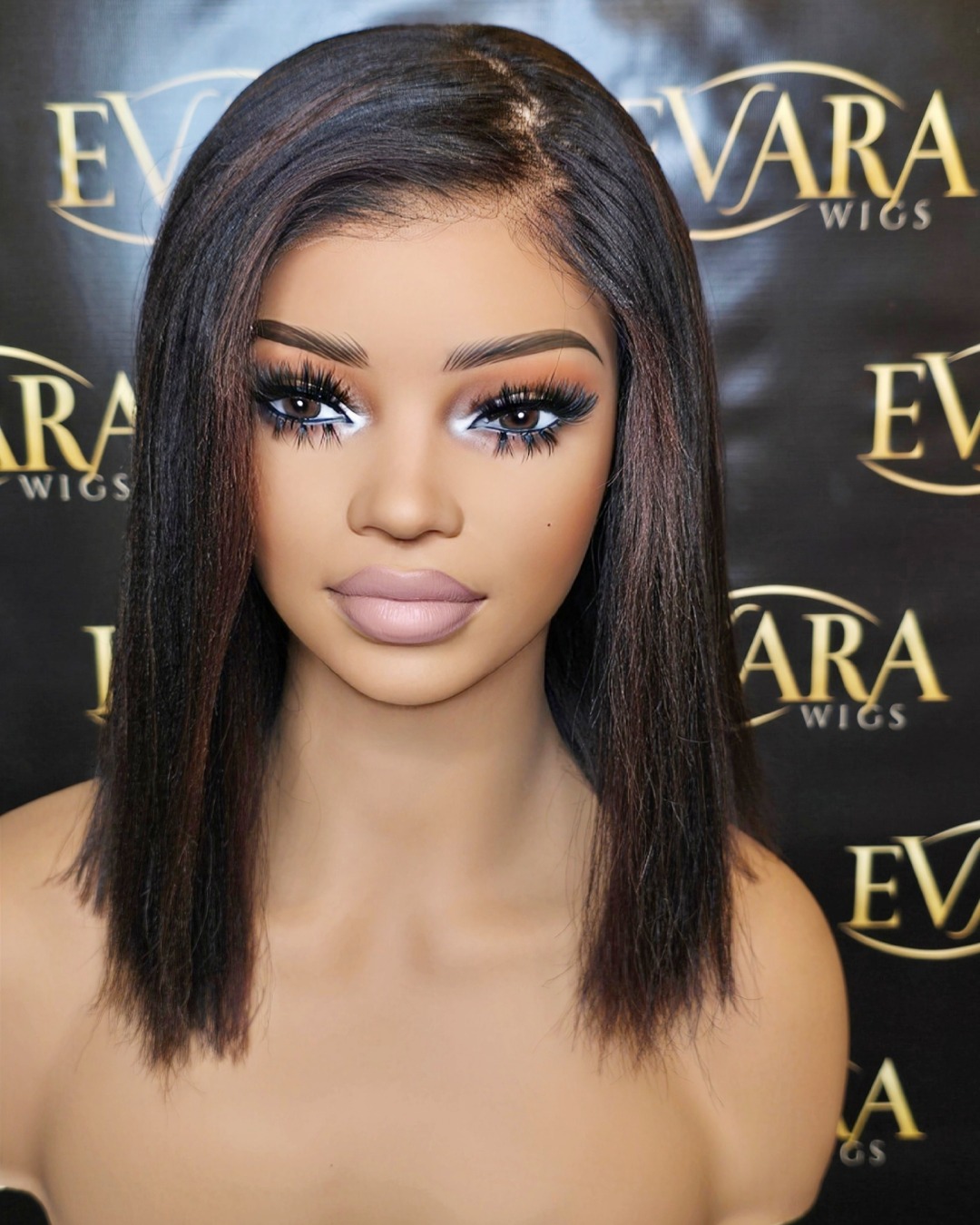 Front view of 12 inch yaki straight bob wig with HD 5x5 lace and pre-plucked hairline