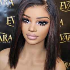 Front view of 12 inch yaki straight bob wig with HD 5x5 lace and pre-plucked hairline