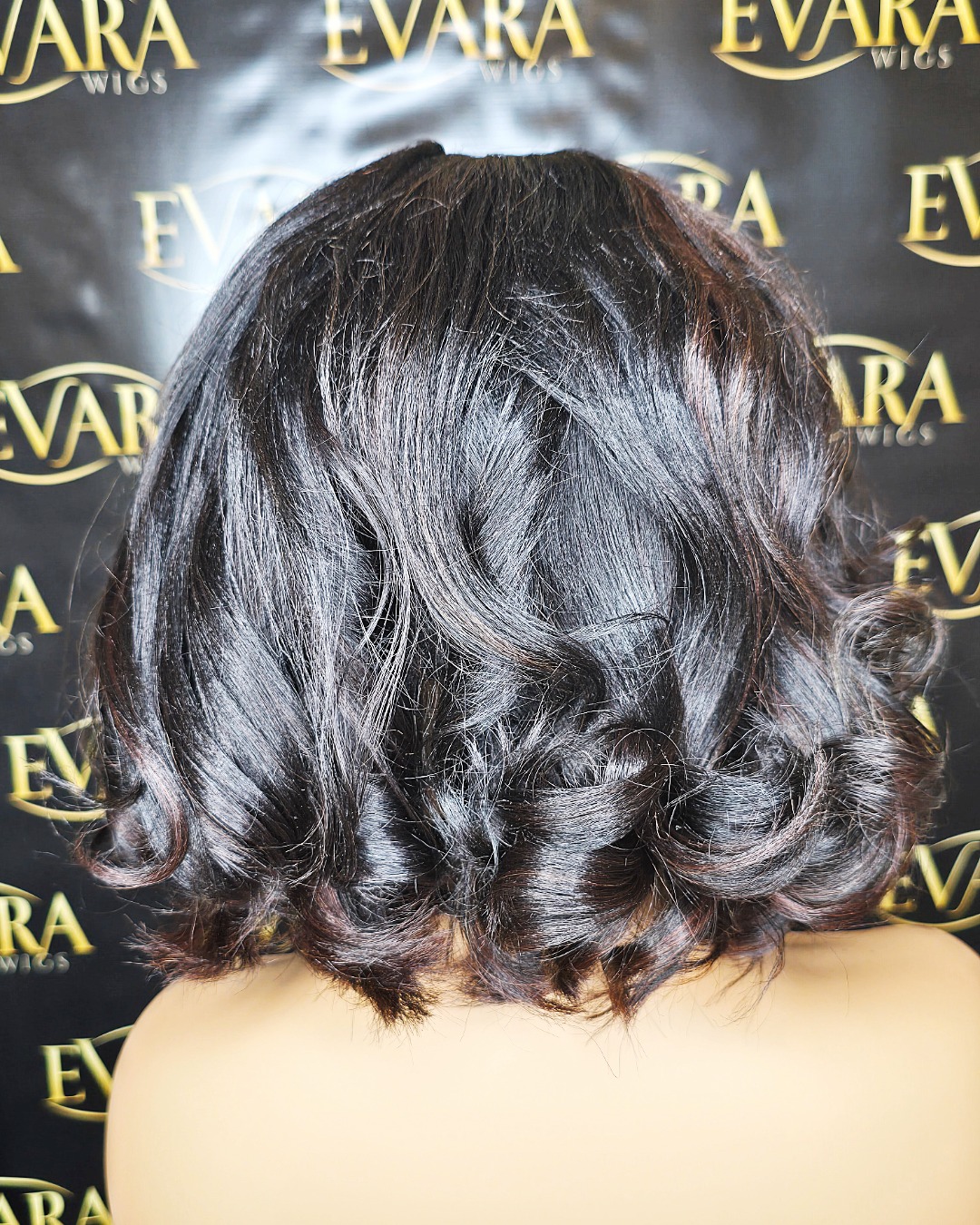 Evara 'Esi' 12” HD 5x5 Lace Wig Back view of 12 inch yaki straight curled bob wig showing blunt bob shape and natural density