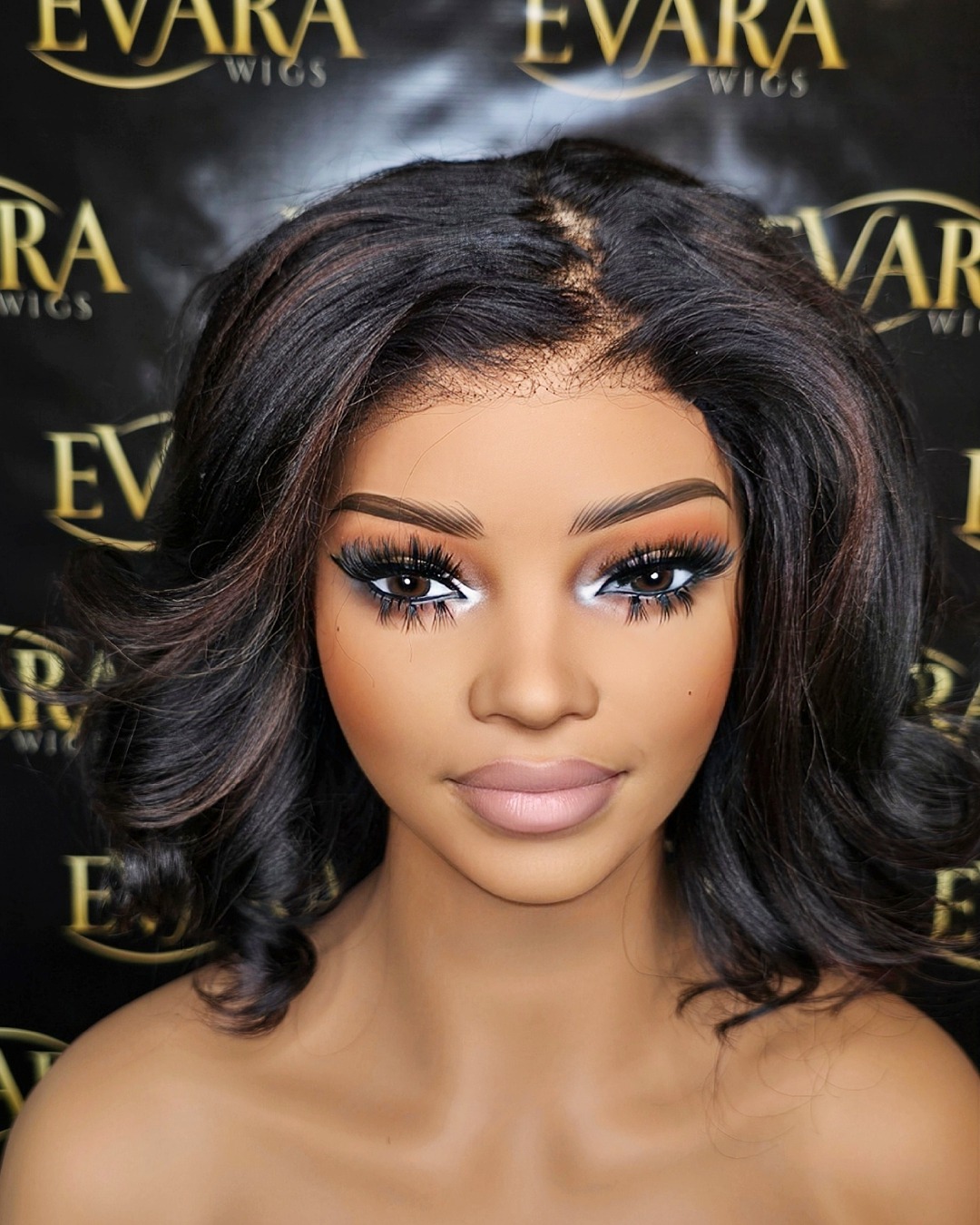 Evara 'Esi' 12” HD 5x5 Lace Wig Front view of 12 inch yaki straight curled bob wig showing blunt bob shape and natural density